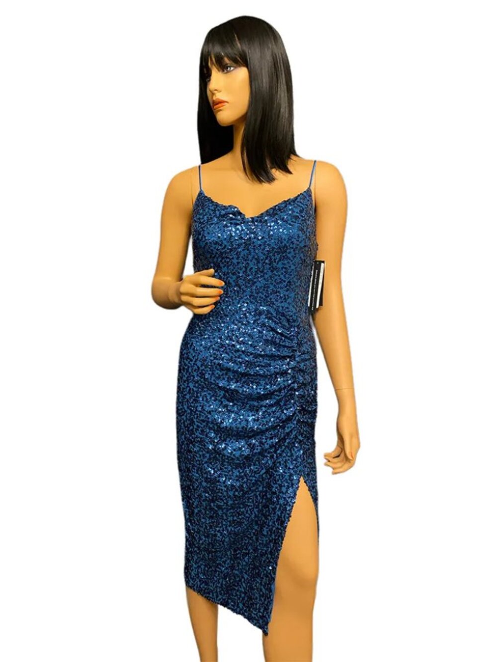 Aqua Peacock Blue Sequin Cowl Neck Midi Dress